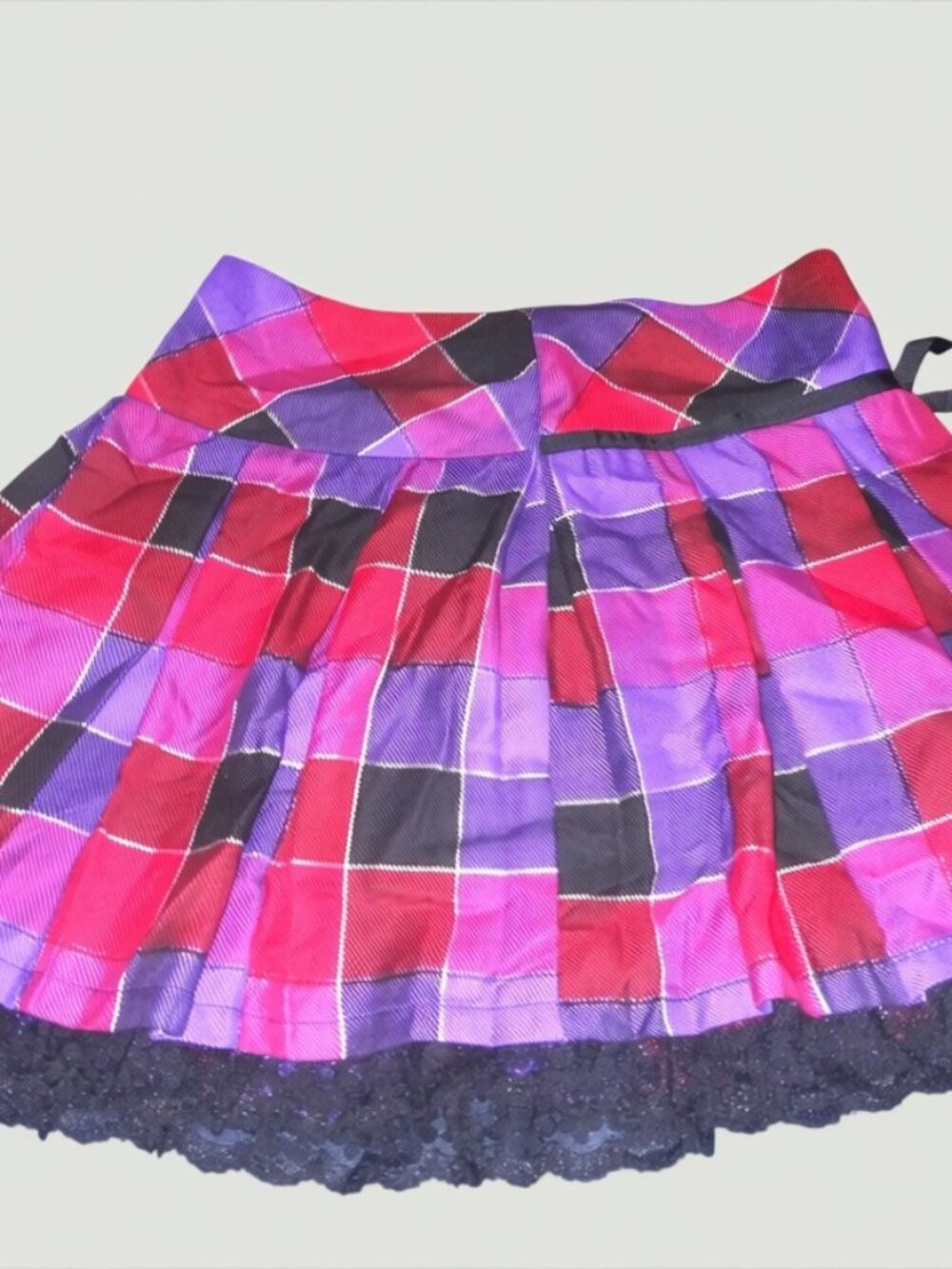 B-Wear Byer Girl Skirt Size S Pink Purple Plaid Black Lace Trim Metallic Y2K